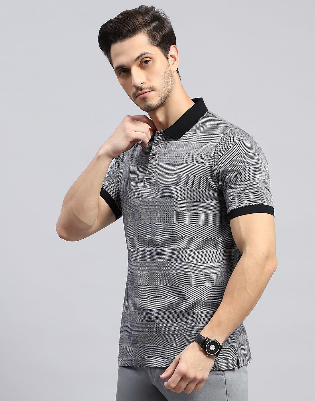 Men Black Self Design Polo Collar Half Sleeve T-Shirt