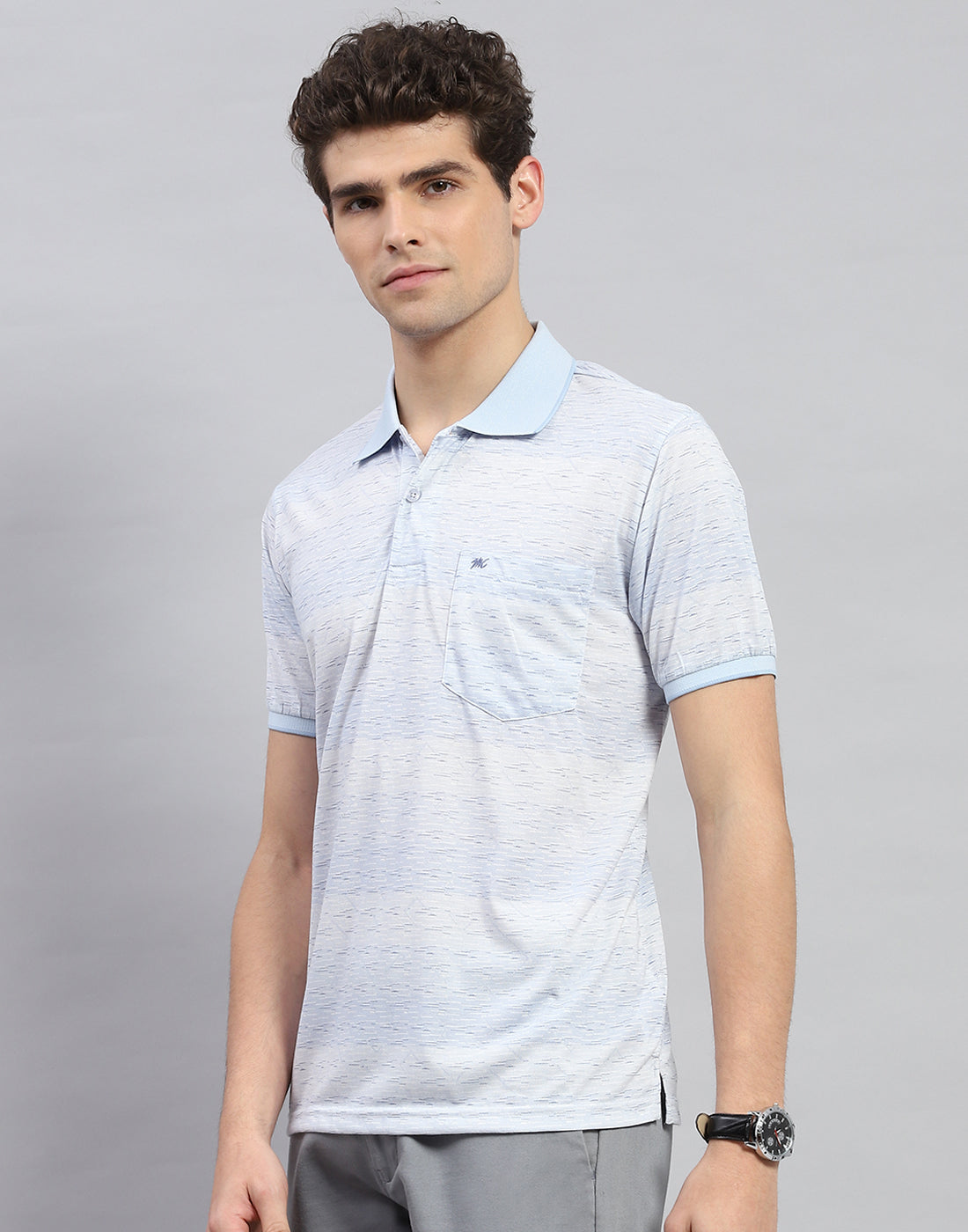 Men Sky Blue Printed Polo Collar Half Sleeve T-Shirt