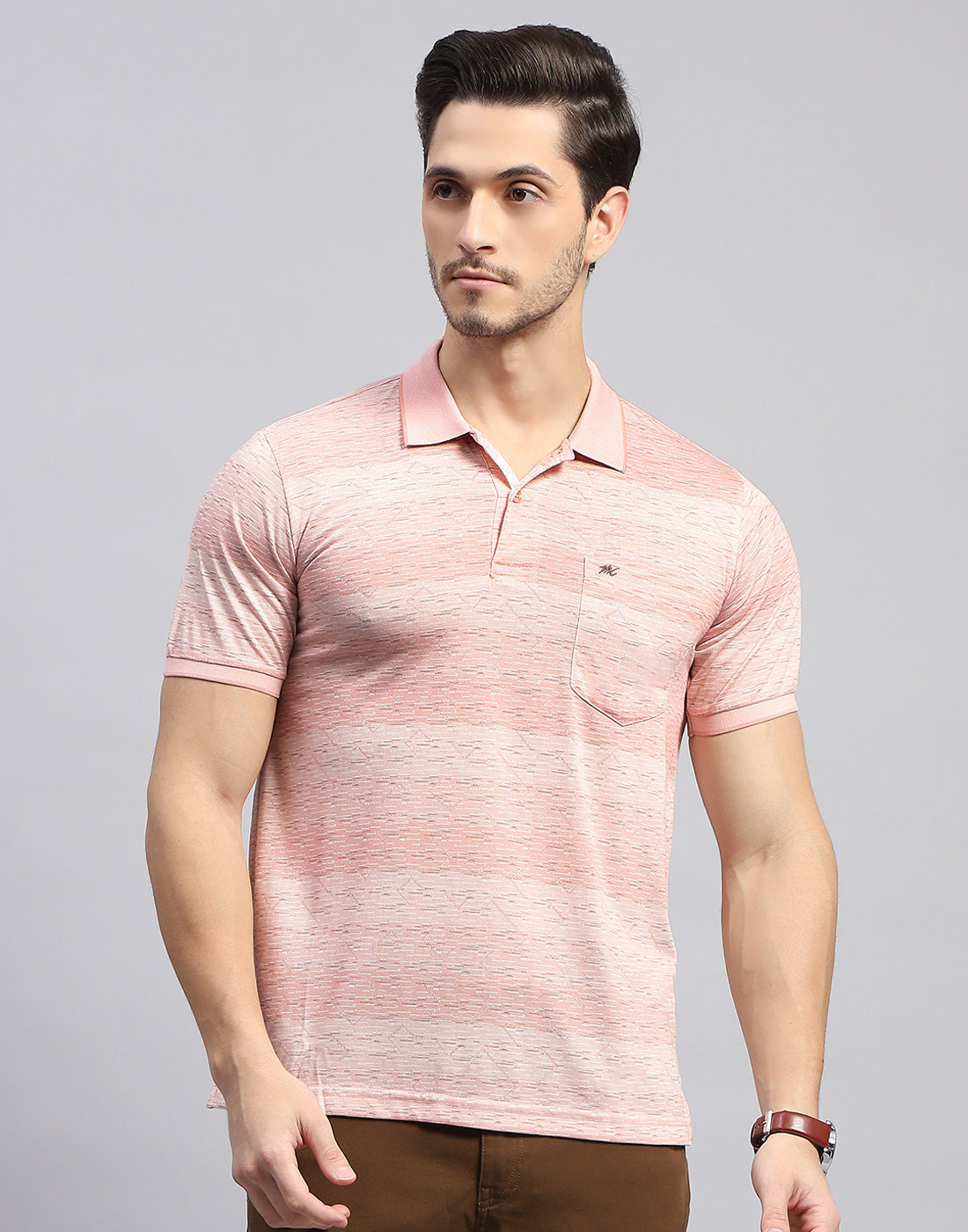 Men Pink Self Design Polo Collar Half Sleeve T-Shirt