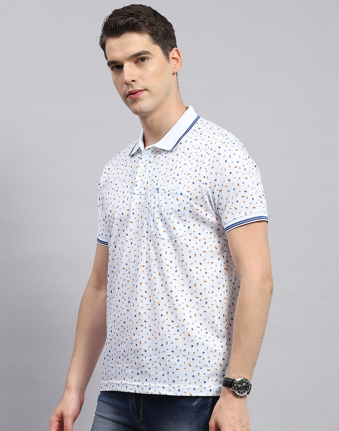 Men White Printed Polo Collar Half Sleeve T-Shirt