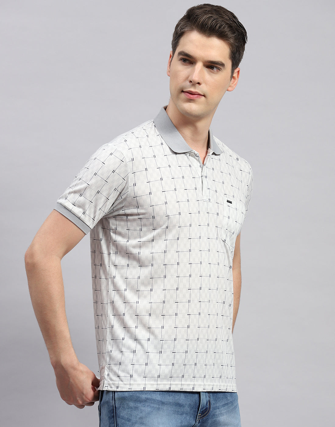 Men Grey Printed Polo Collar Half Sleeve T-Shirt