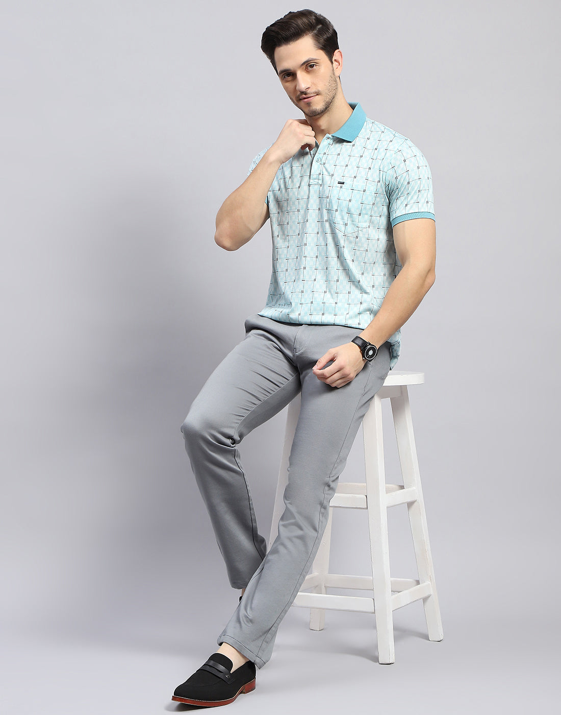 Men Sky Blue Self Design Polo Collar Half Sleeve T-Shirt