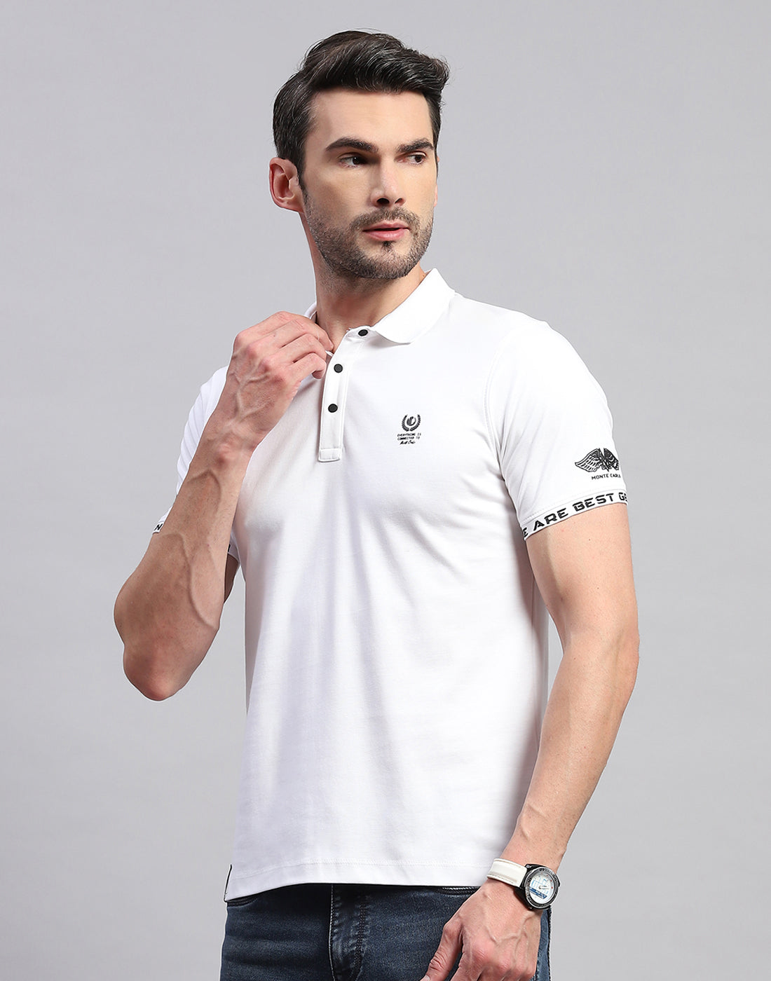 Men White Solid Polo Collar Half Sleeve T-Shirt