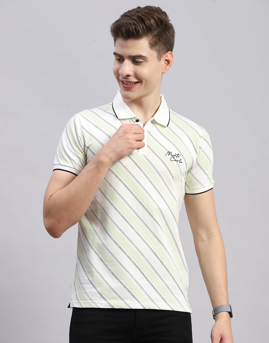 Men Off White Stripe Polo Collar Half Sleeve T-Shirt