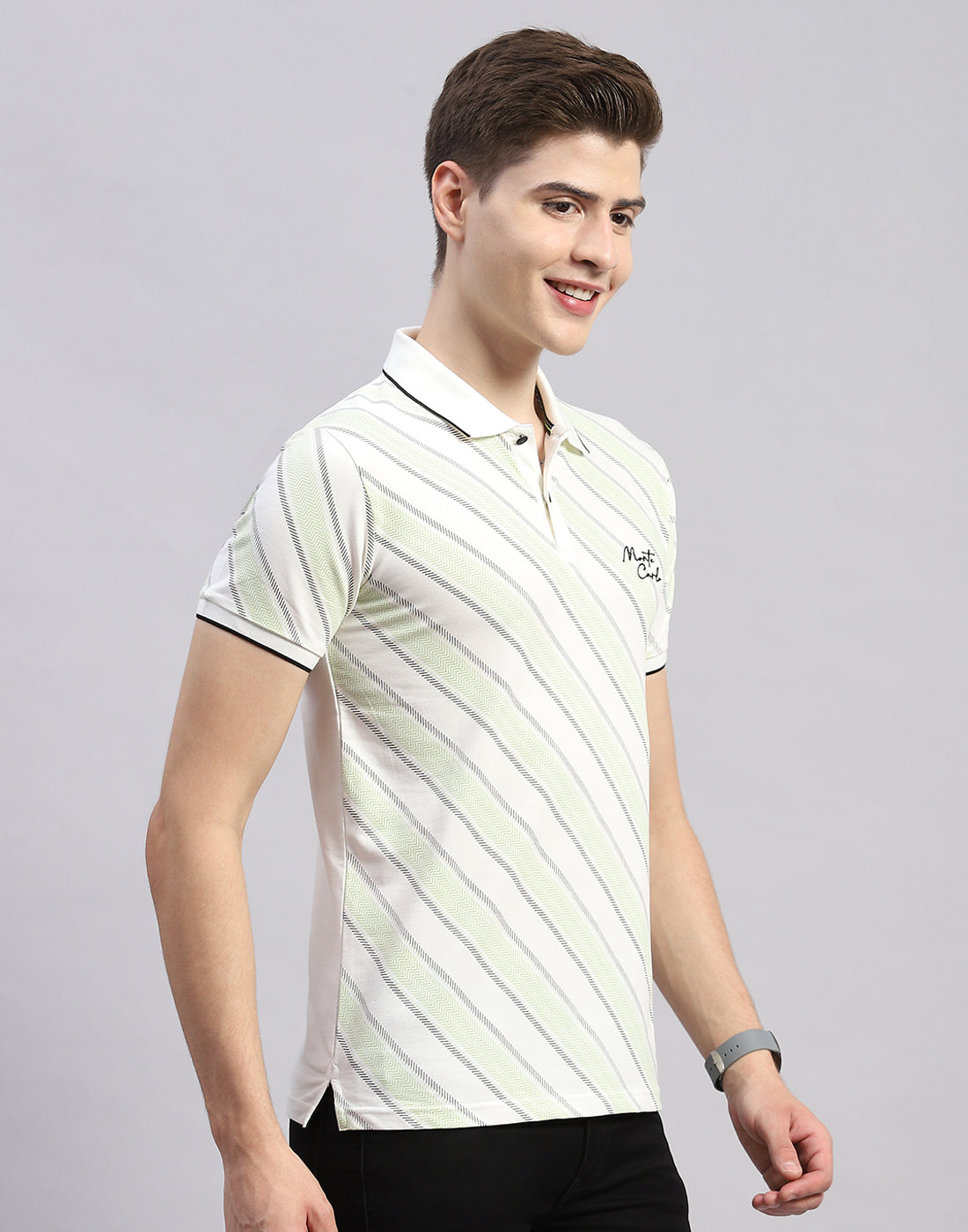 Men Off White Stripe Polo Collar Half Sleeve T-Shirt