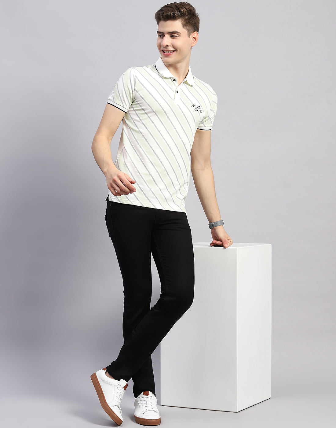 Men Off White Stripe Polo Collar Half Sleeve T-Shirt