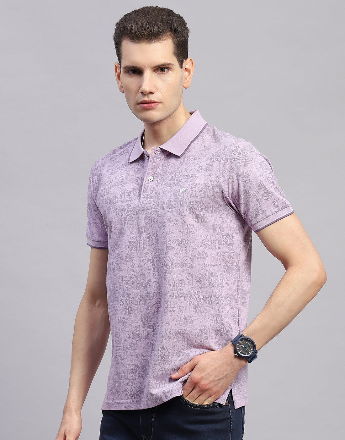 Men Purple Printed Polo Collar Half Sleeve T-Shirt