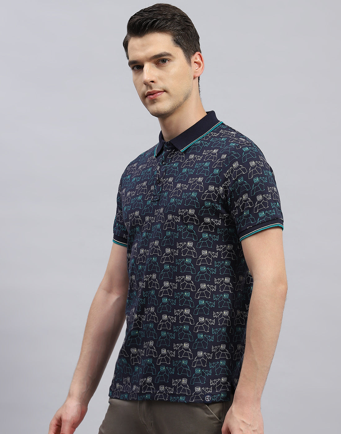 Men Navy Blue Printed Polo Collar Half Sleeve T-Shirt