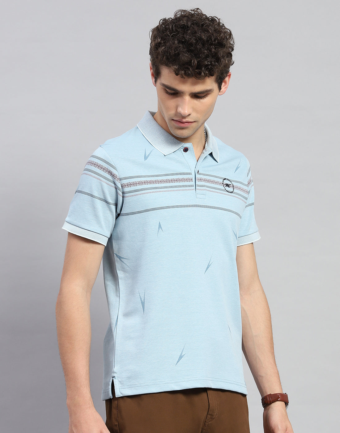 Men Sky Blue Printed Polo Collar Half Sleeve T-Shirt