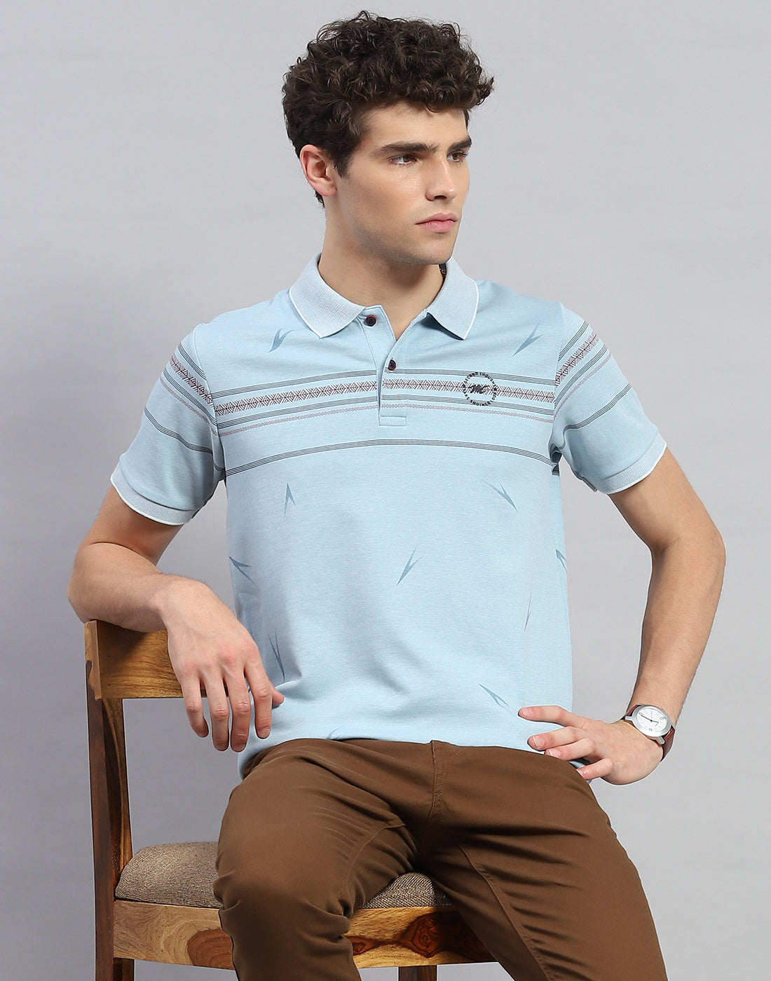 Men Sky Blue Printed Polo Collar Half Sleeve T-Shirt