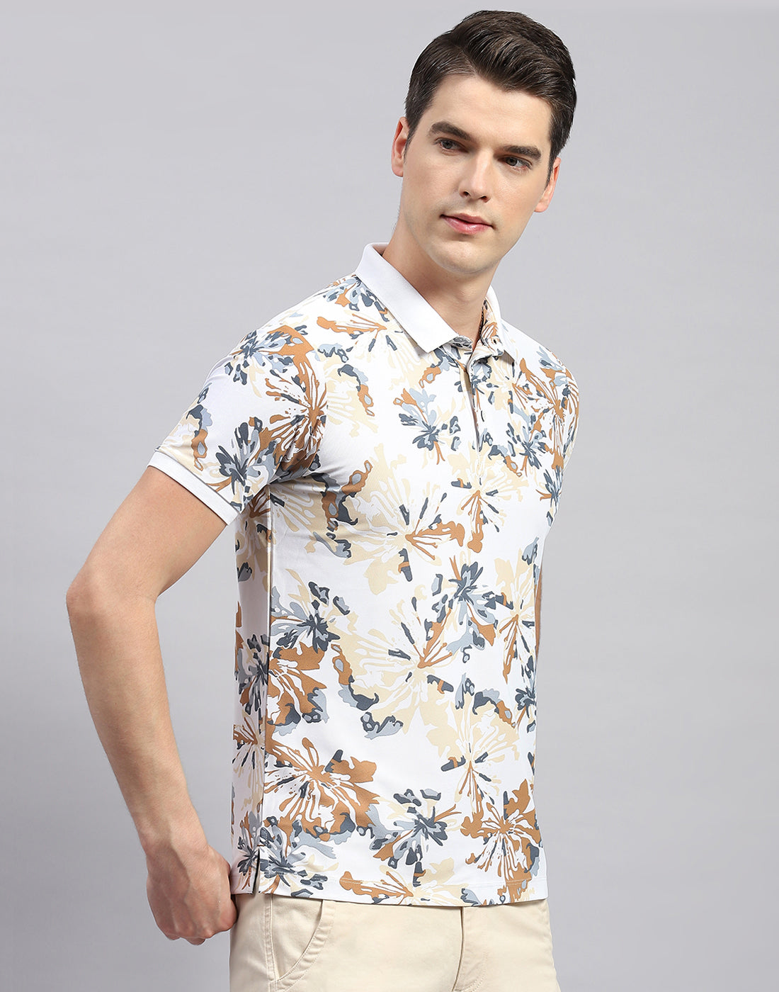 Men White Floral Print Polo Collar Half Sleeve T-Shirt