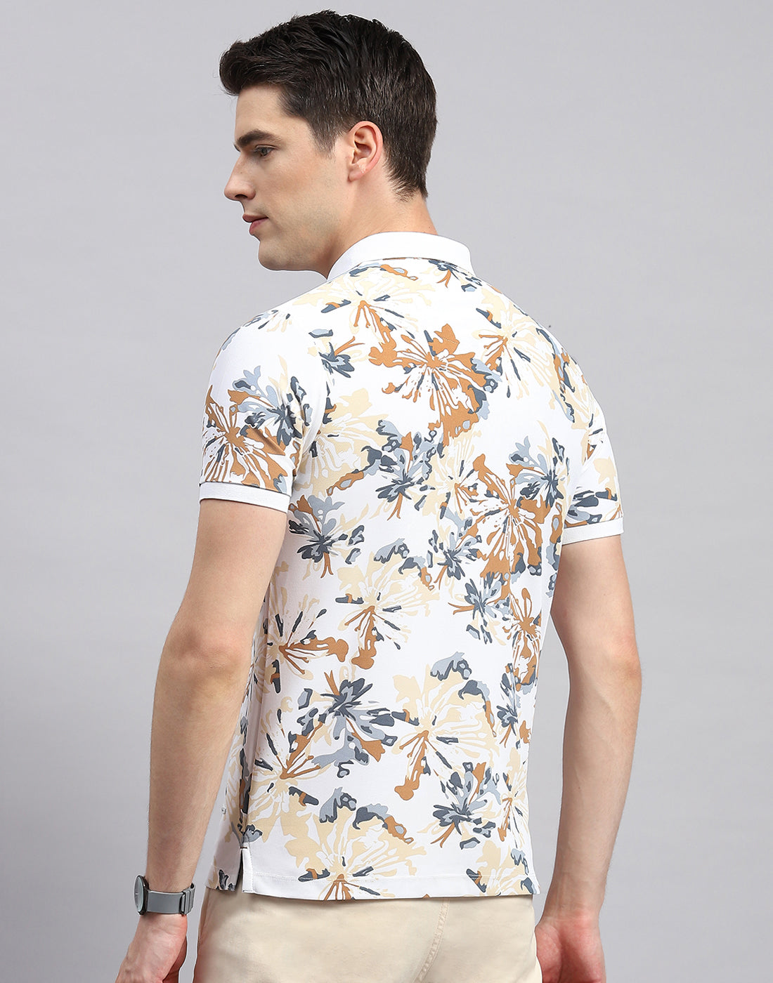 Men White Floral Print Polo Collar Half Sleeve T-Shirt