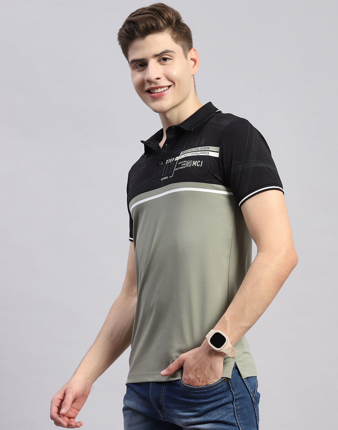 Men Green Printed Polo Collar Half Sleeve T-Shirt