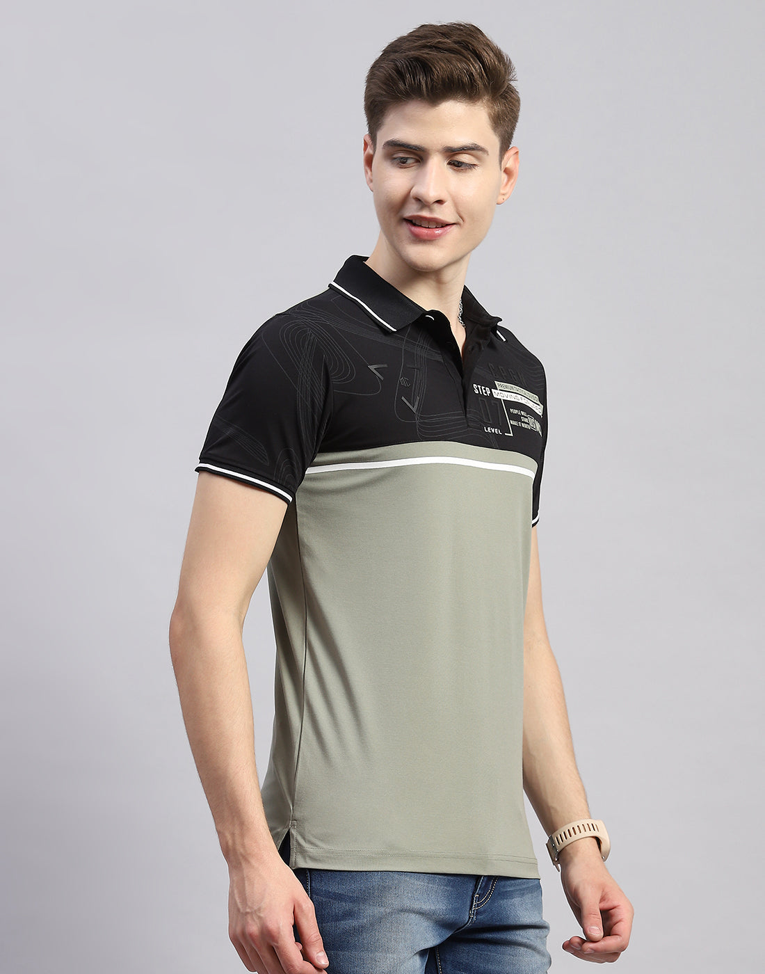 Men Green Printed Polo Collar Half Sleeve T-Shirt