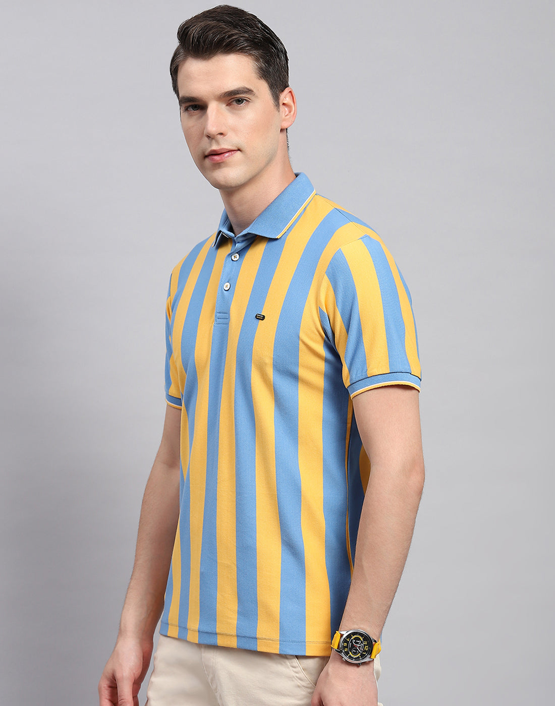 Men Yellow Stripe Polo Collar Half Sleeve T-Shirt