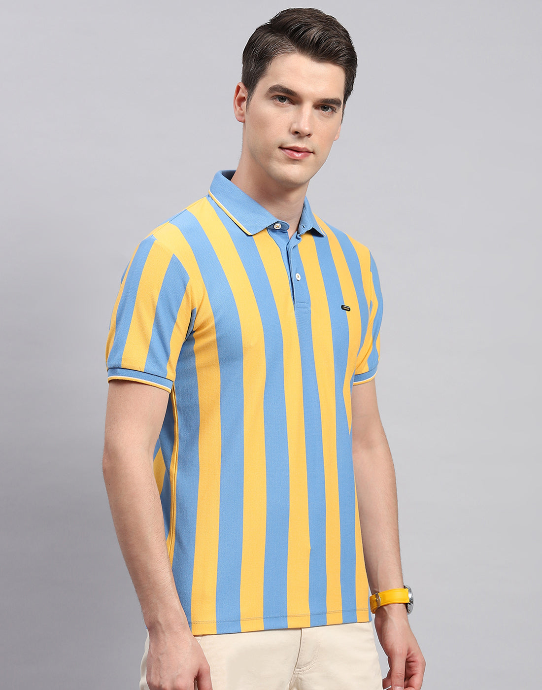 Men Yellow Stripe Polo Collar Half Sleeve T-Shirt