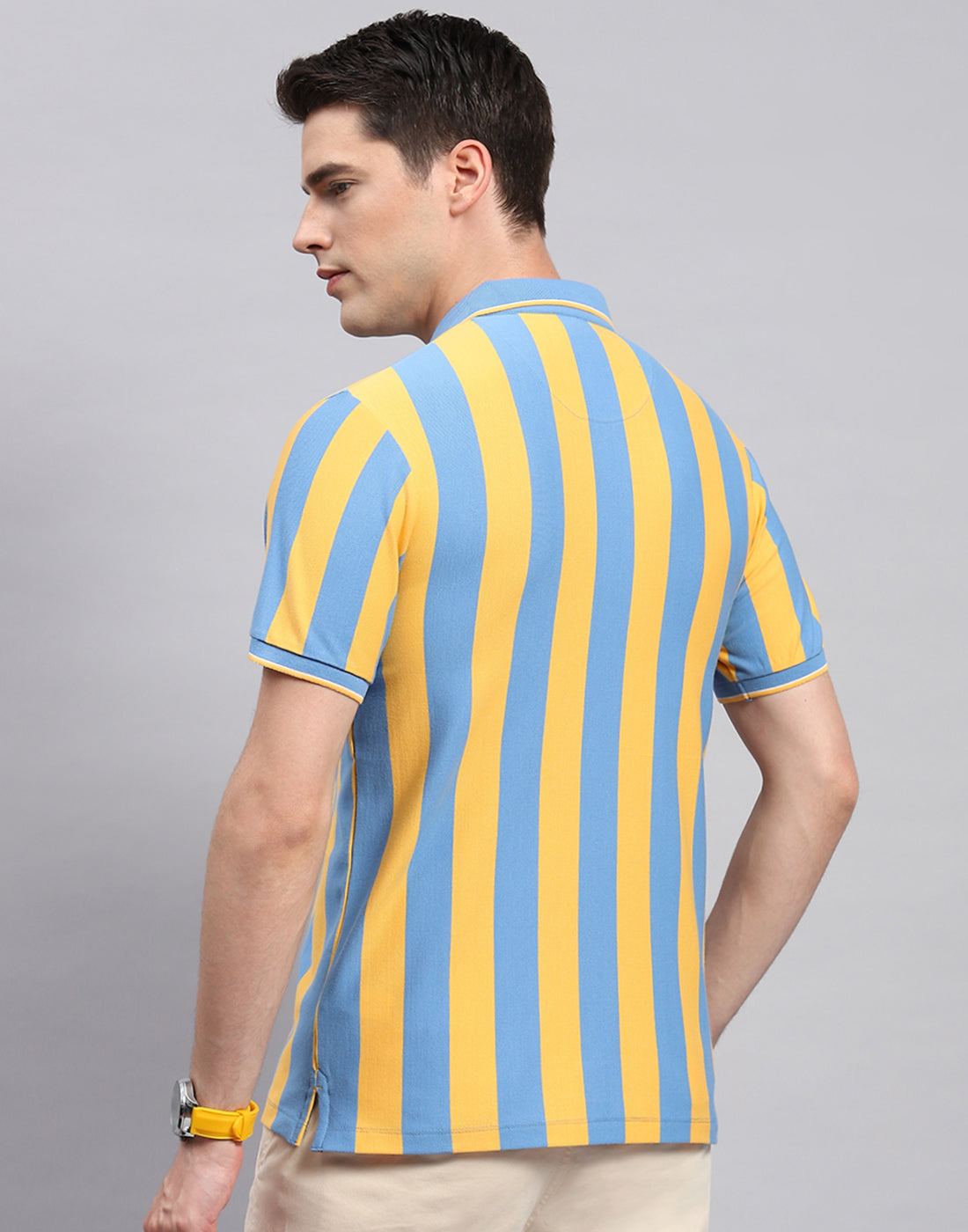 Men Yellow Stripe Polo Collar Half Sleeve T-Shirt