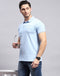 Men Sky Blue Stripe Polo Collar Half Sleeve T-Shirt