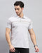 Men Grey Stripe Polo Collar Half Sleeve T-Shirt