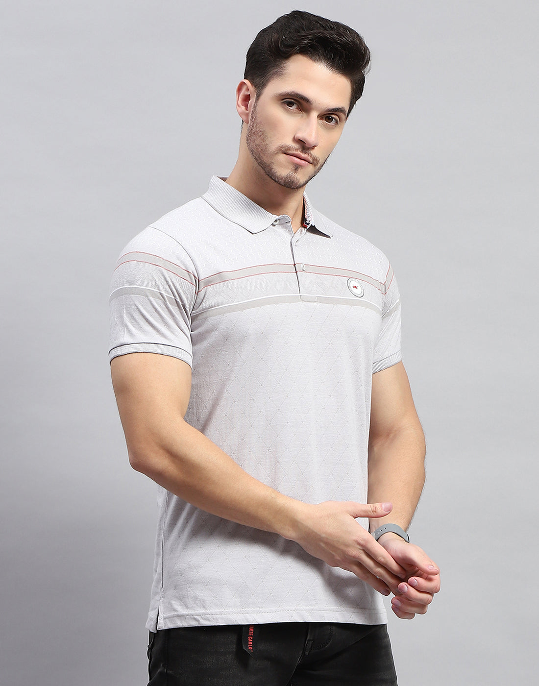 Men Grey Stripe Polo Collar Half Sleeve T-Shirt