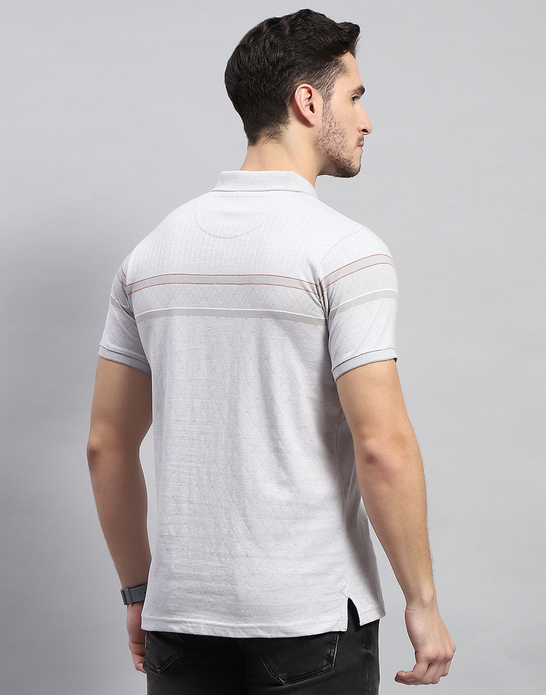 Men Grey Stripe Polo Collar Half Sleeve T-Shirt