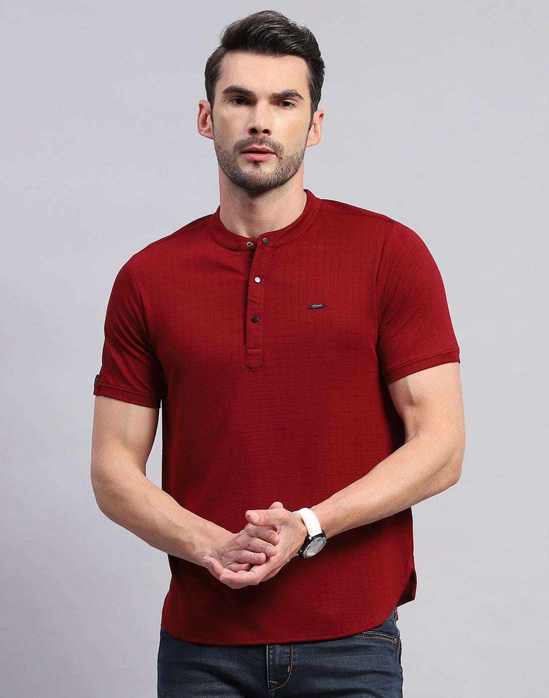 Men Maroon Solid Band Collar Half Sleeve T-Shirt