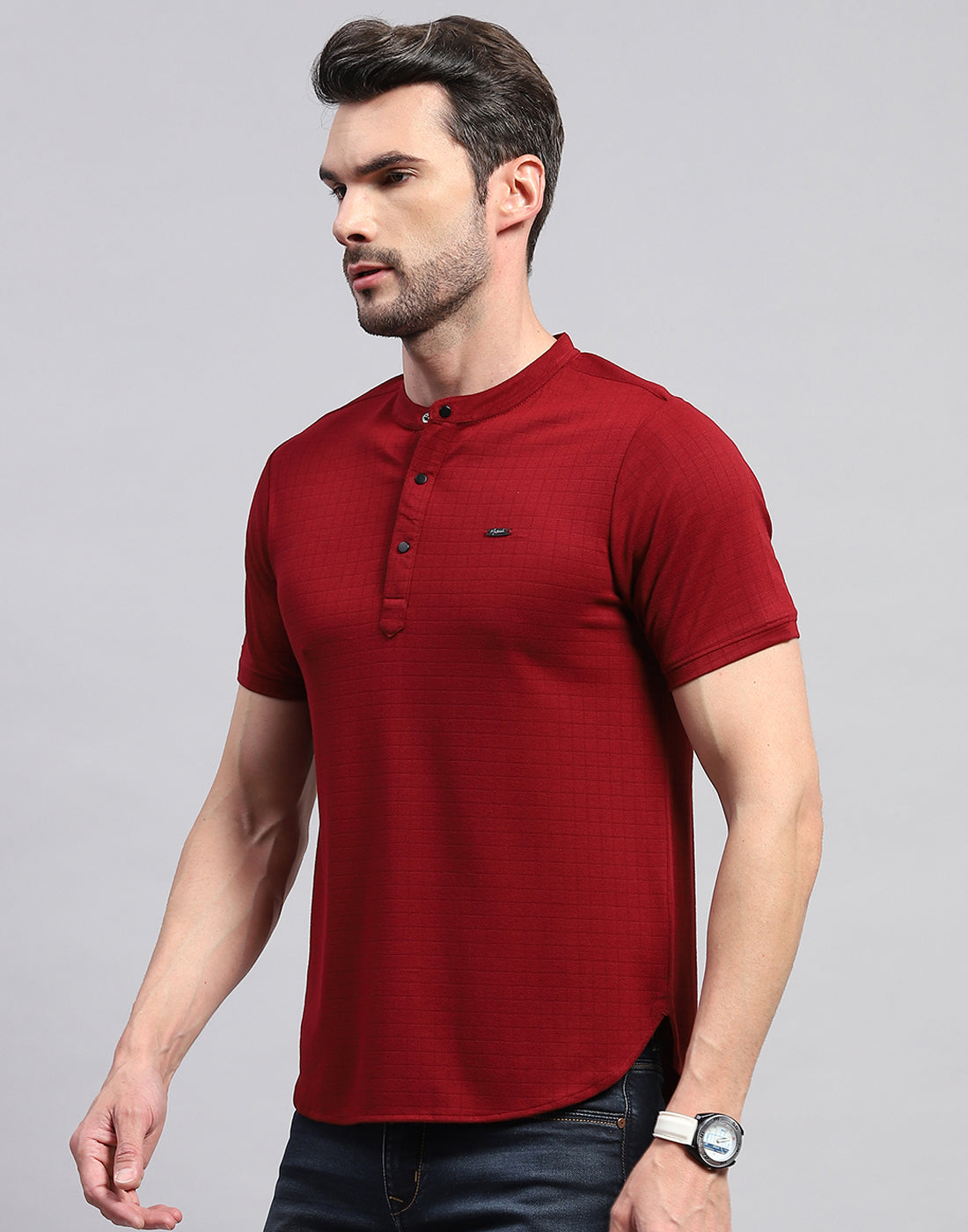 Men Maroon Solid Band Collar Half Sleeve T-Shirt