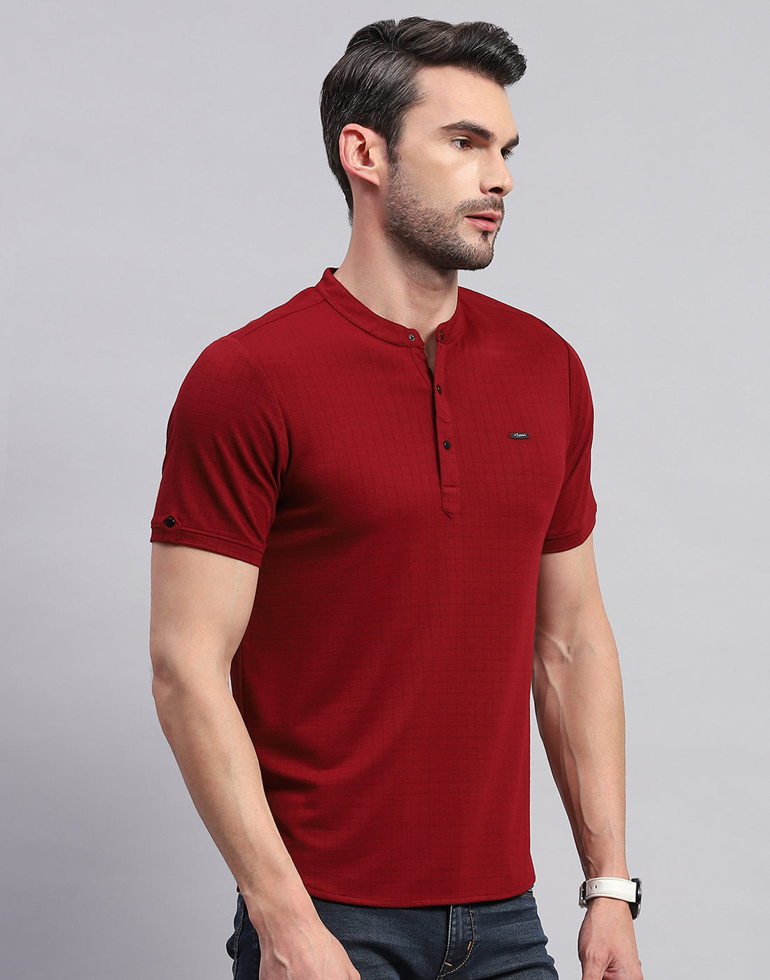 Men Maroon Solid Band Collar Half Sleeve T-Shirt