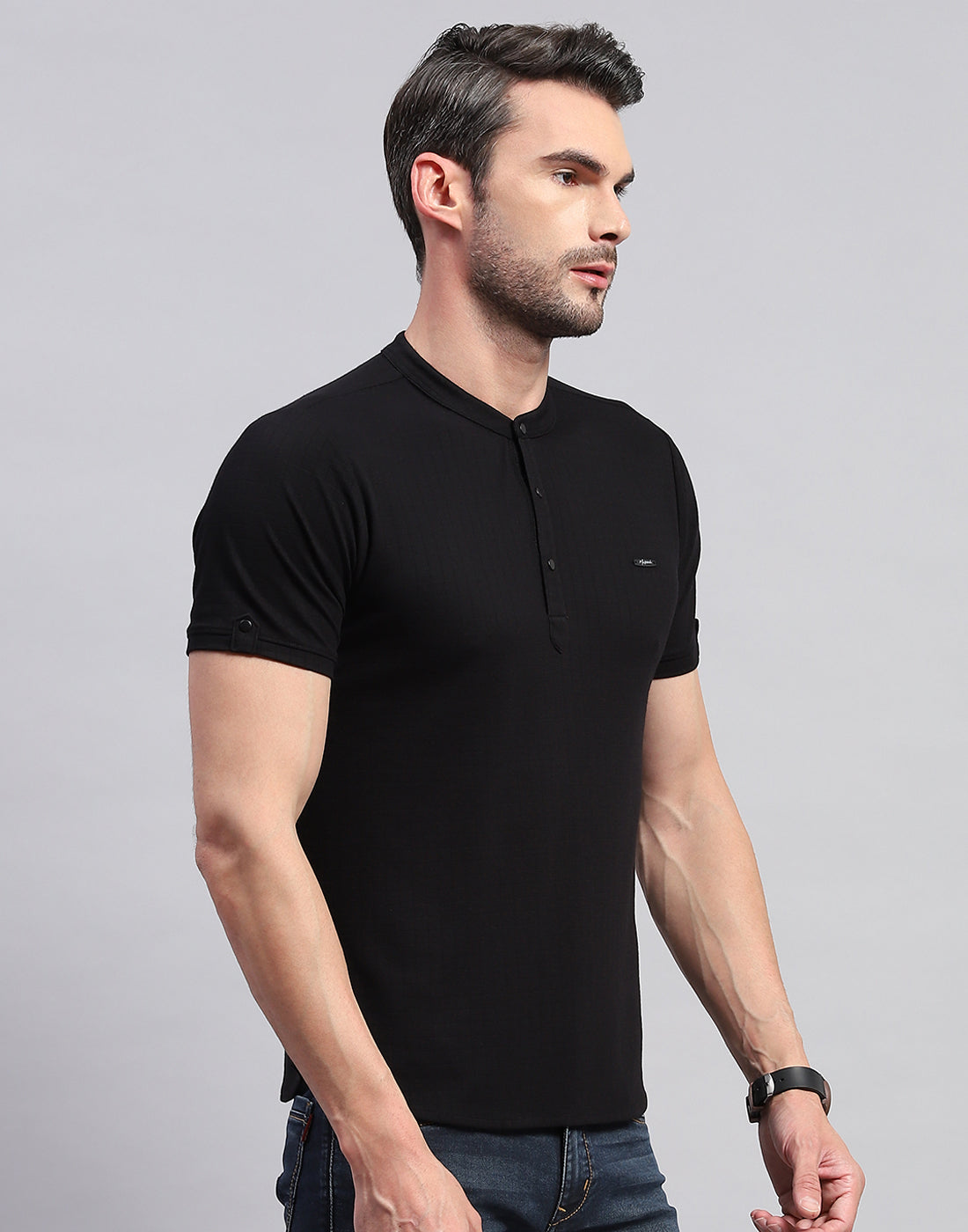 Men Black Solid Band Collar Half Sleeve T-Shirt