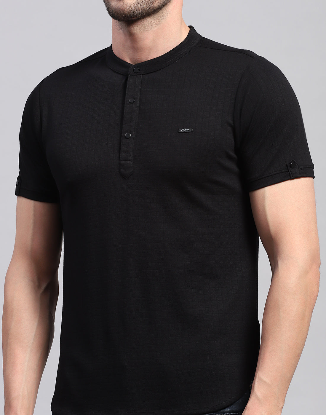 Men Black Solid Band Collar Half Sleeve T-Shirt