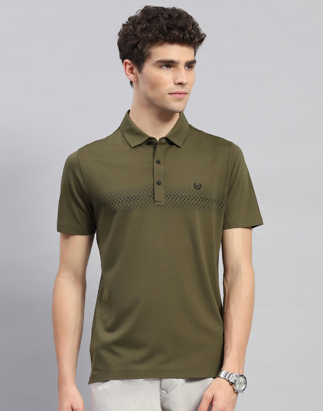 Men Olive Printed Polo Collar Half Sleeve T-Shirt