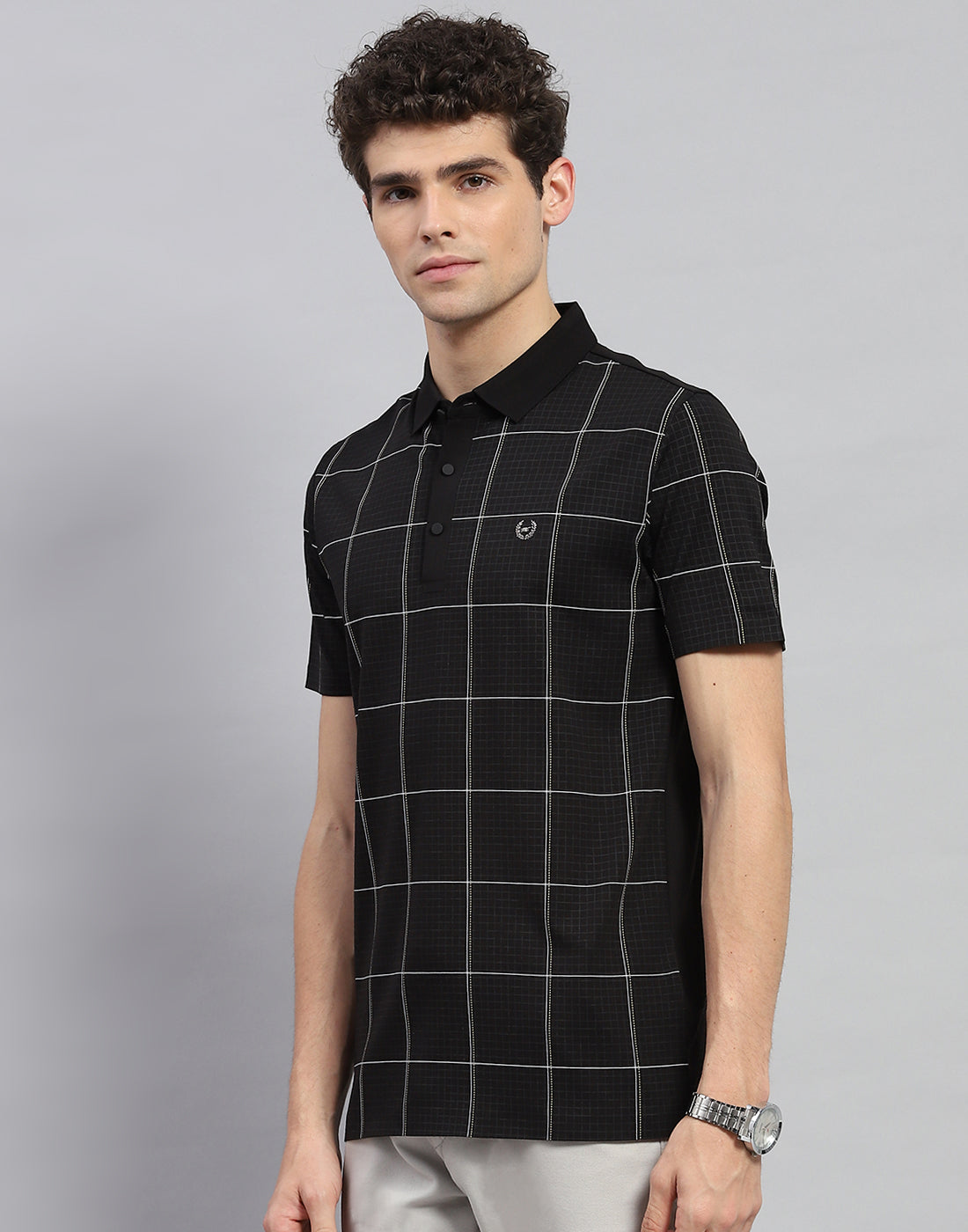 Men Black Check Polo Collar Half Sleeve T-Shirt