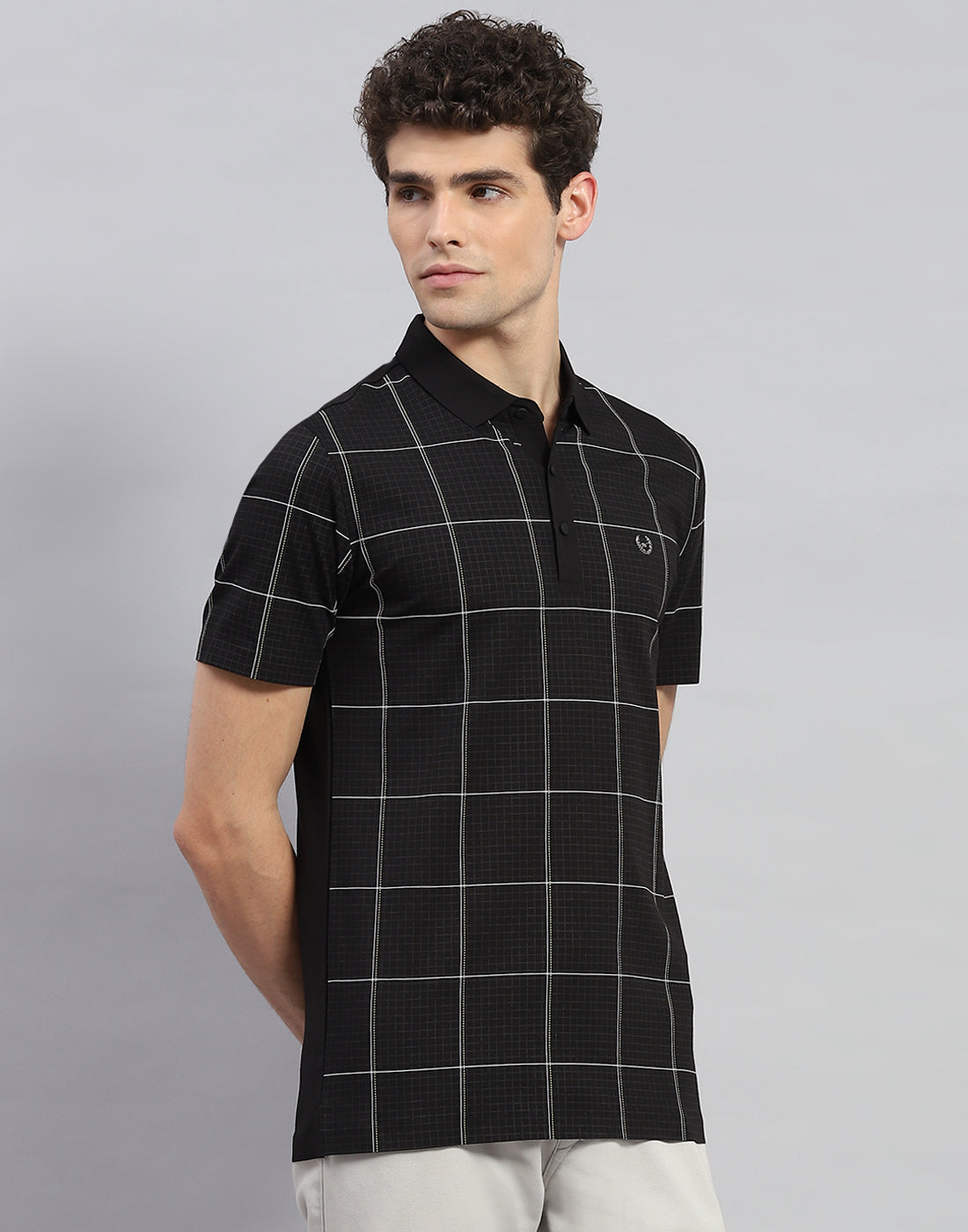 Men Black Check Polo Collar Half Sleeve T-Shirt