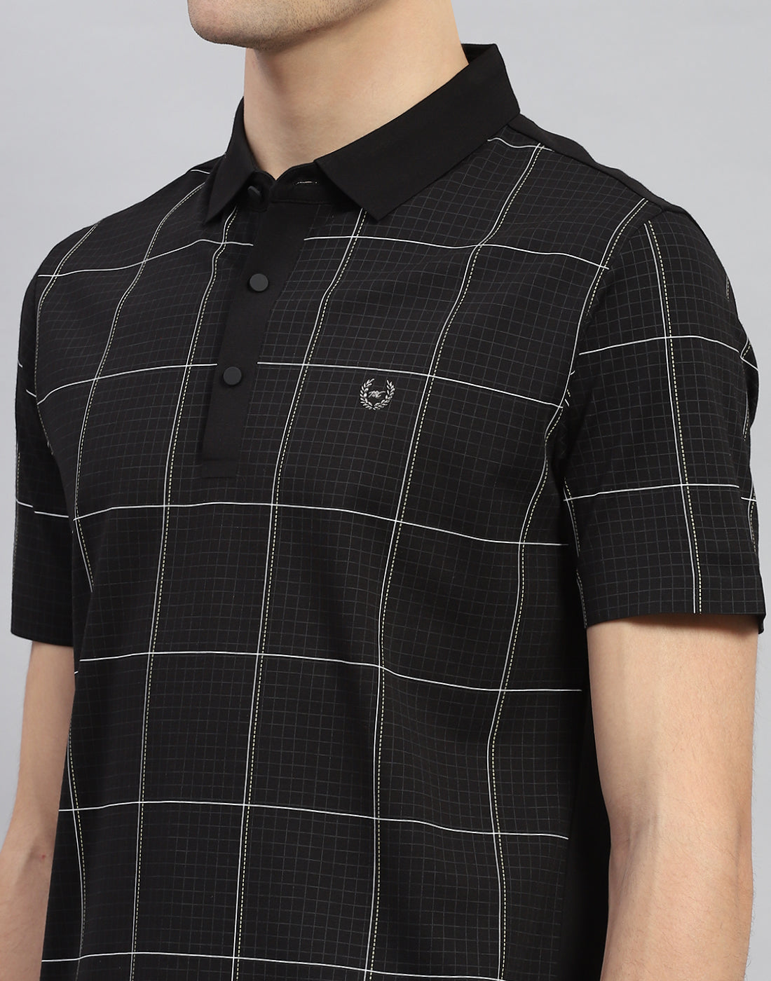 Men Black Check Polo Collar Half Sleeve T-Shirt