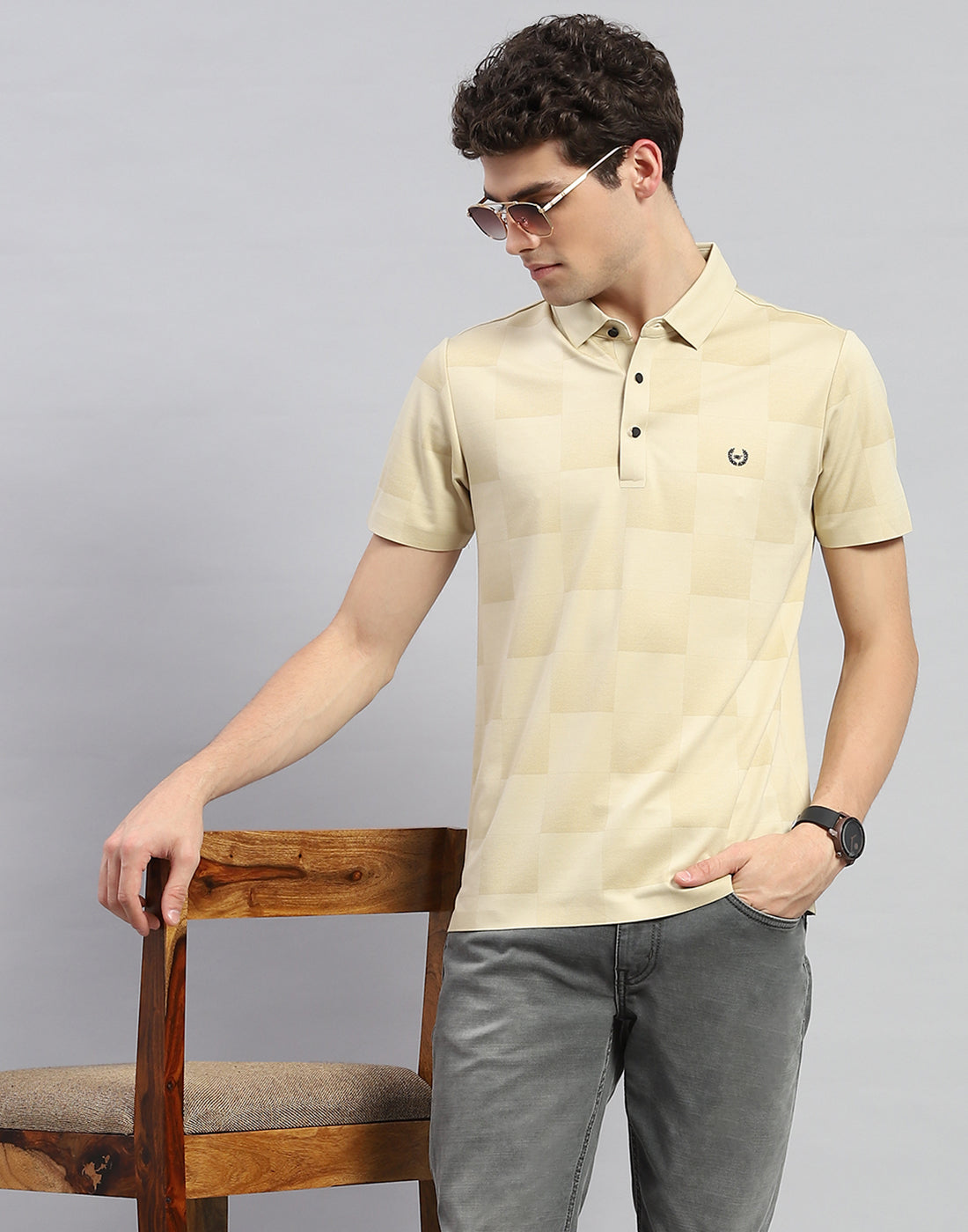 Men Beige Solid Polo Collar Half Sleeve T-Shirt