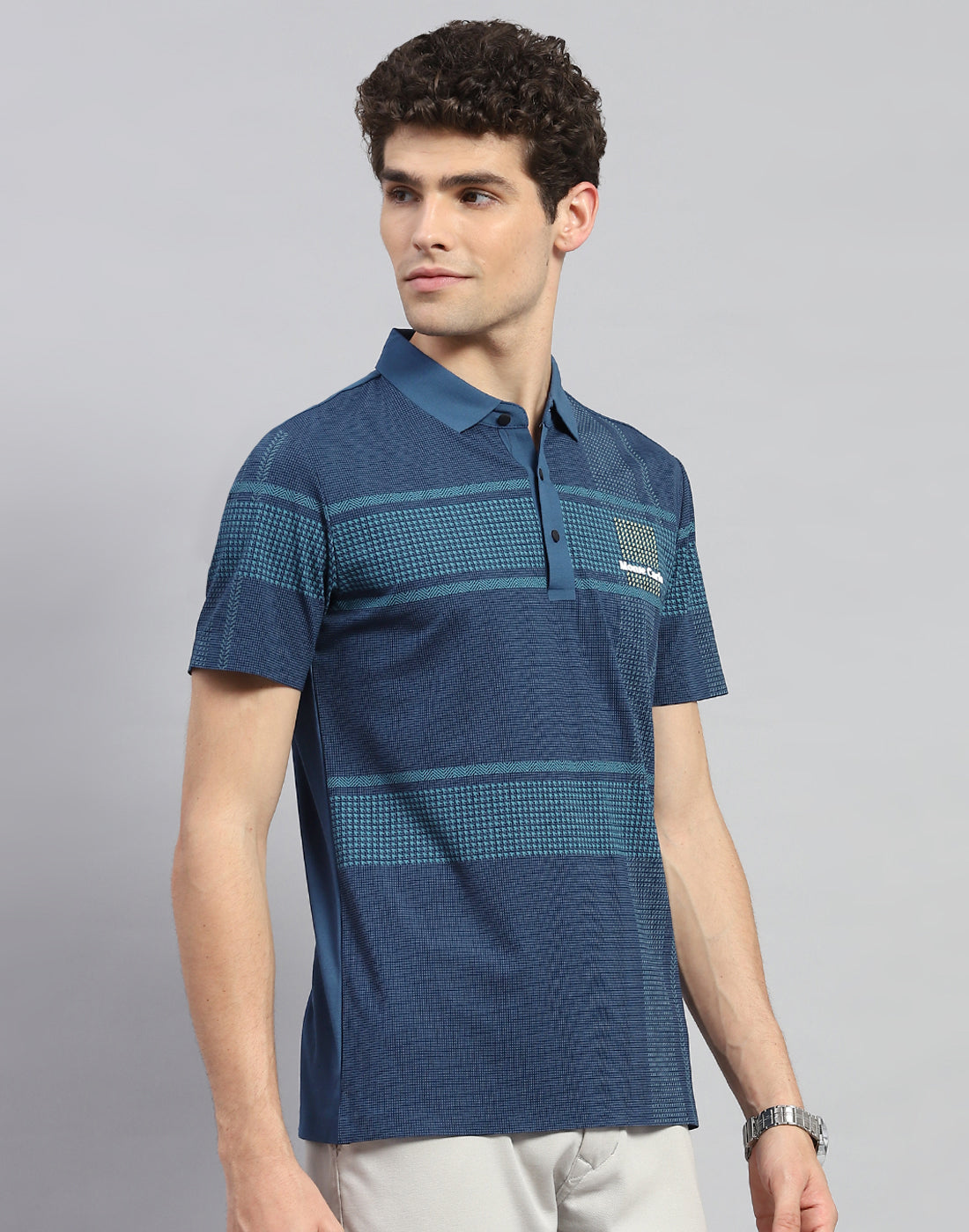 Men Teal Blue Printed Polo Collar Half Sleeve T-Shirt