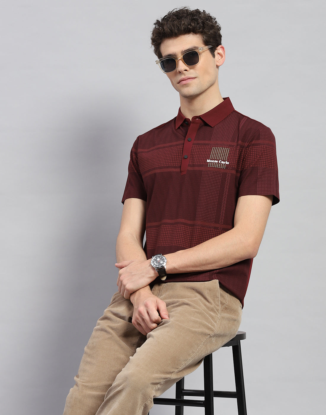 Men Maroon Printed Polo Collar Half Sleeve T-Shirt