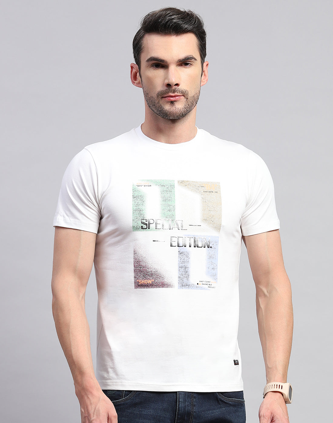 Men White Printed Round Neck Half Sleeve T-Shirt