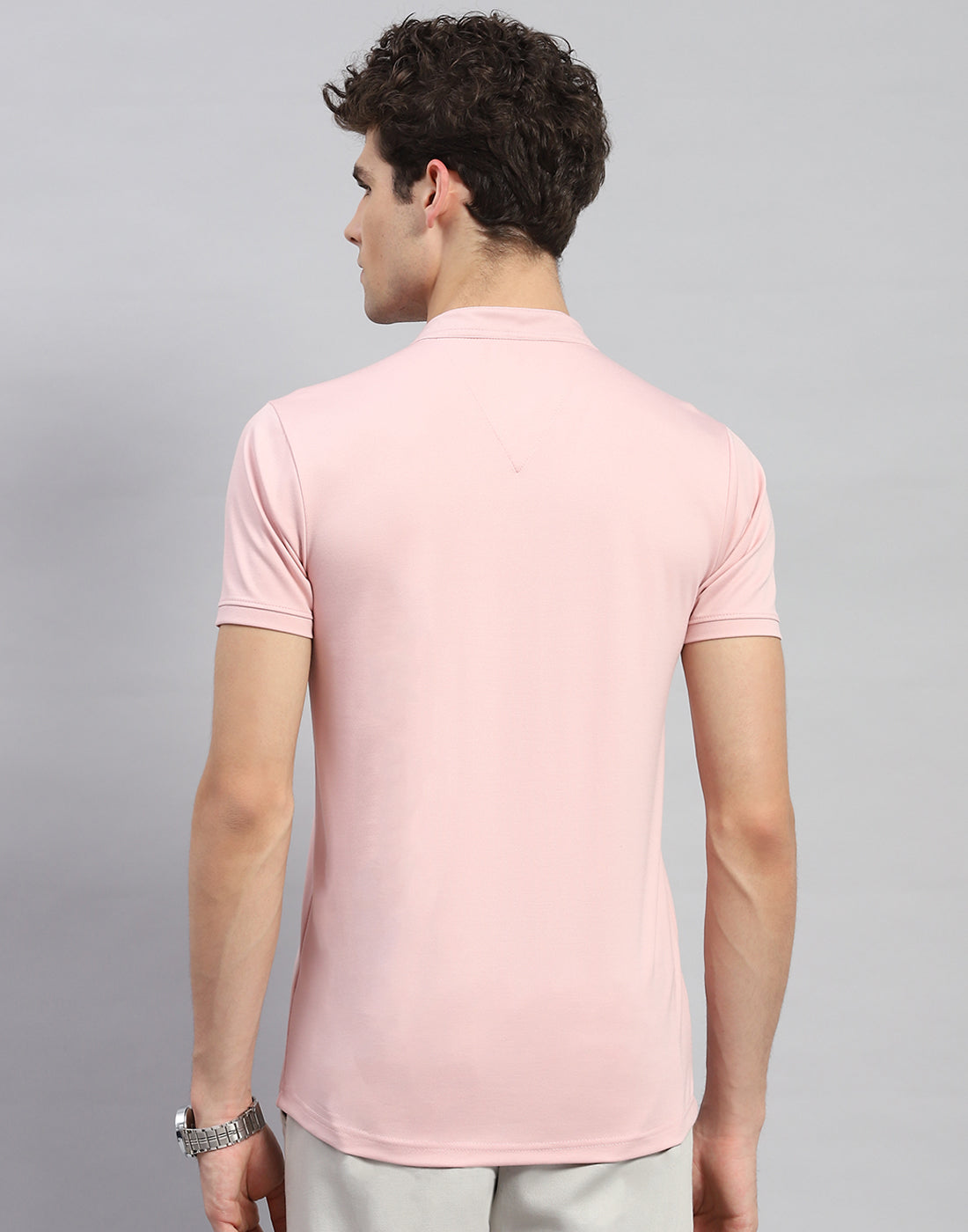 Men Pink Solid  Mandarin Neck Half Sleeve T-Shirt