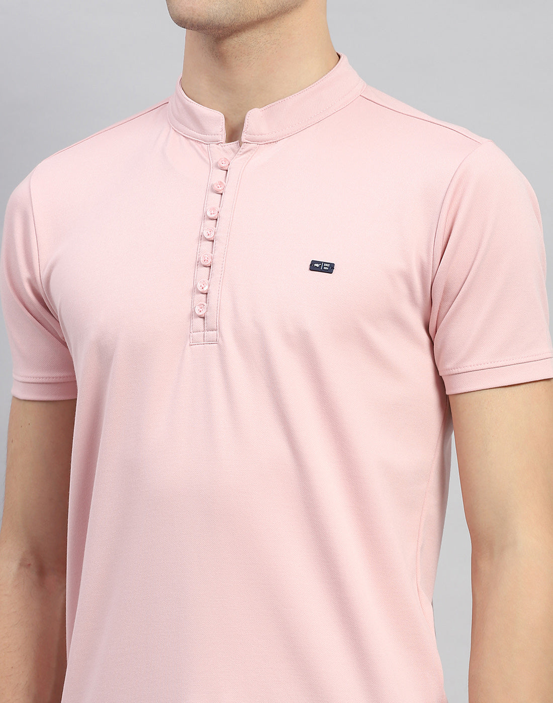 Men Pink Solid  Mandarin Neck Half Sleeve T-Shirt