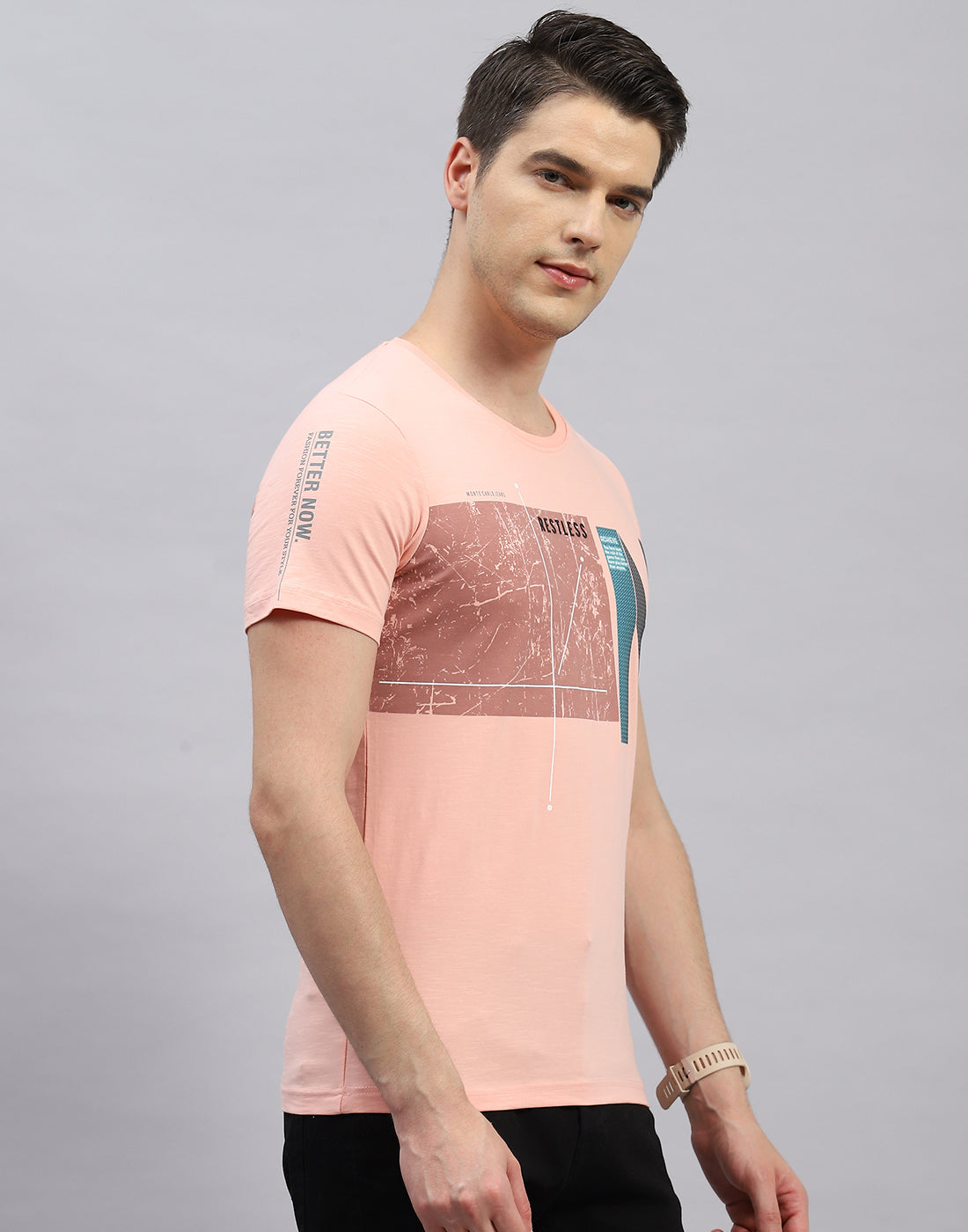 Men Pink Printed Round Neck Half Sleeve T-Shirt