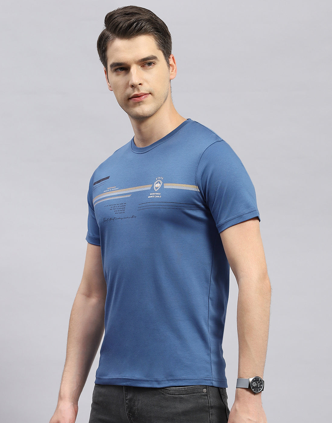 Men Blue Printed Round Neck Half Sleeve T-Shirt