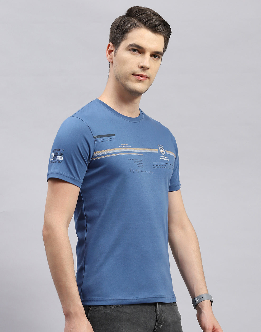 Men Blue Printed Round Neck Half Sleeve T-Shirt