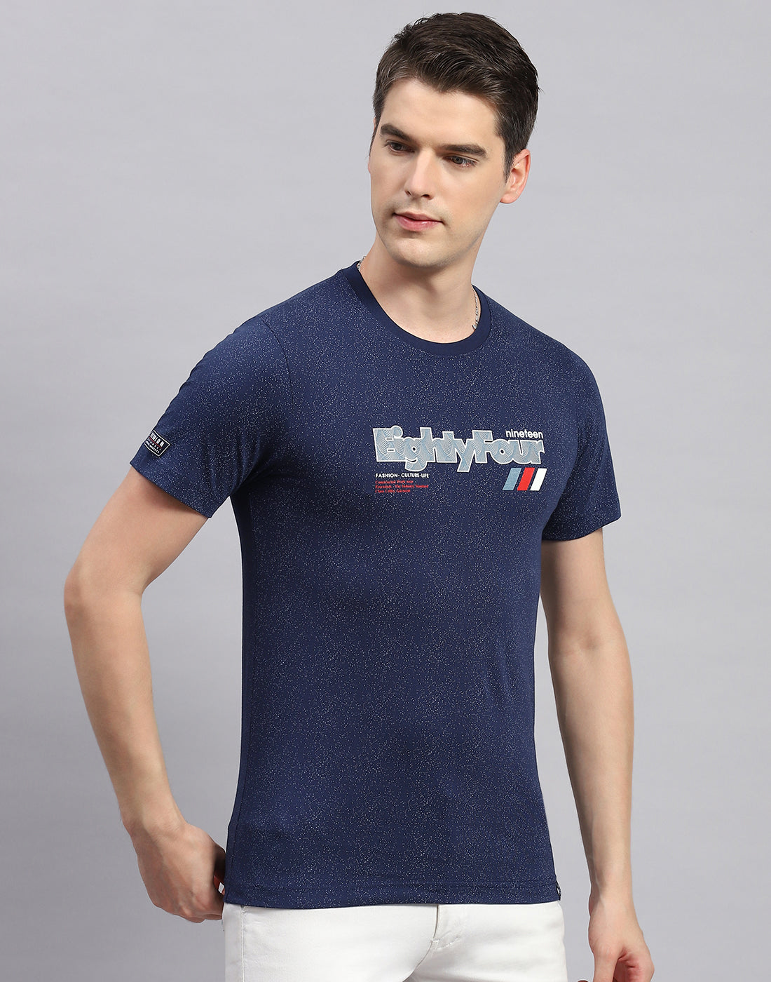 Men Blue Printed Round Neck Half Sleeve T-Shirt