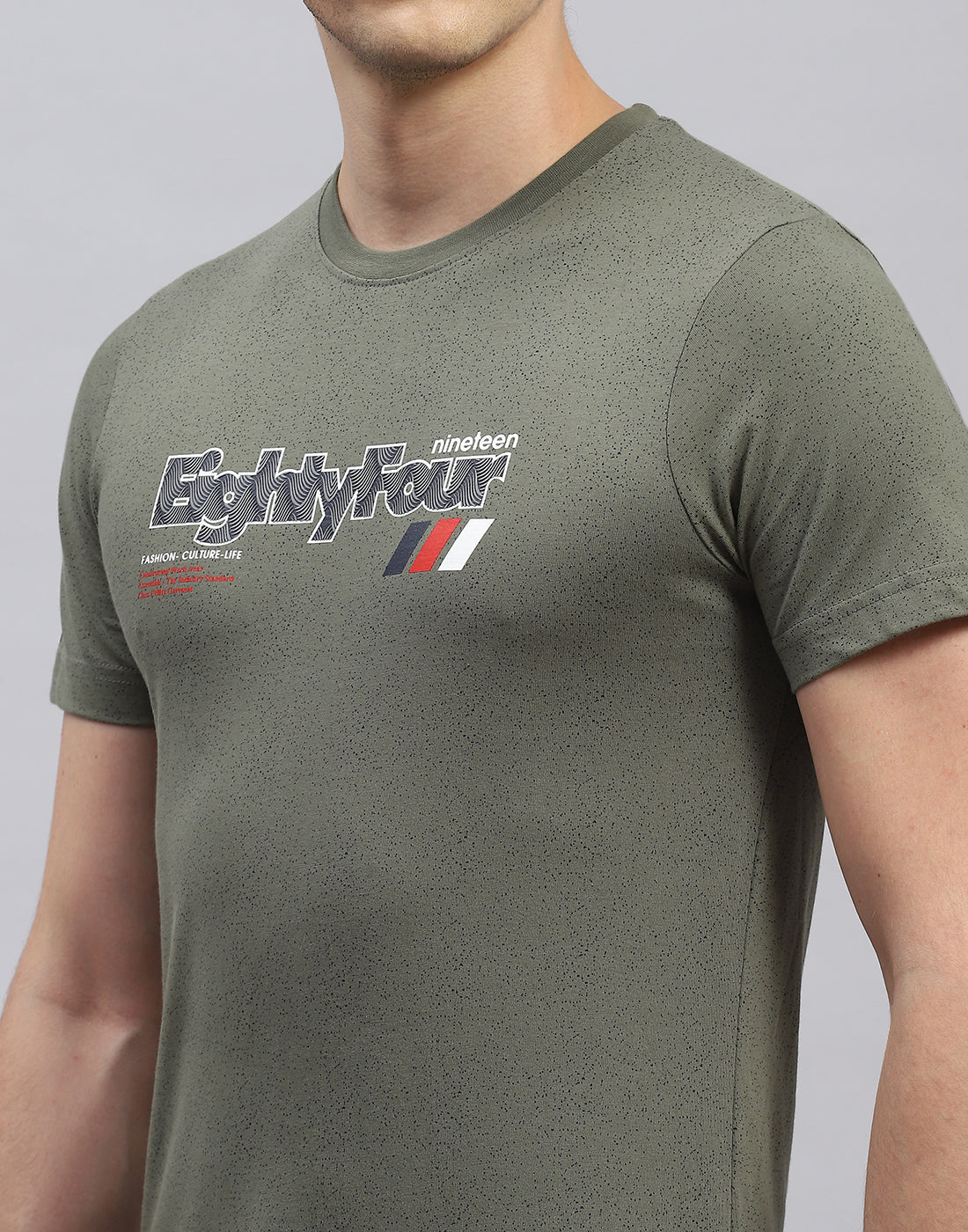 Men Olive Printed Round Neck Half Sleeve T-Shirt