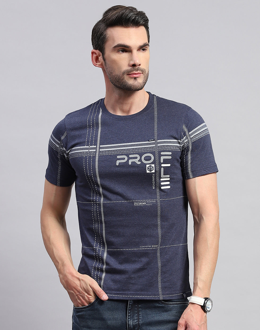 Men Navy Blue Printed Round Neck Half Sleeve T-Shirt