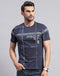 Men Navy Blue Printed Round Neck Half Sleeve T-Shirt