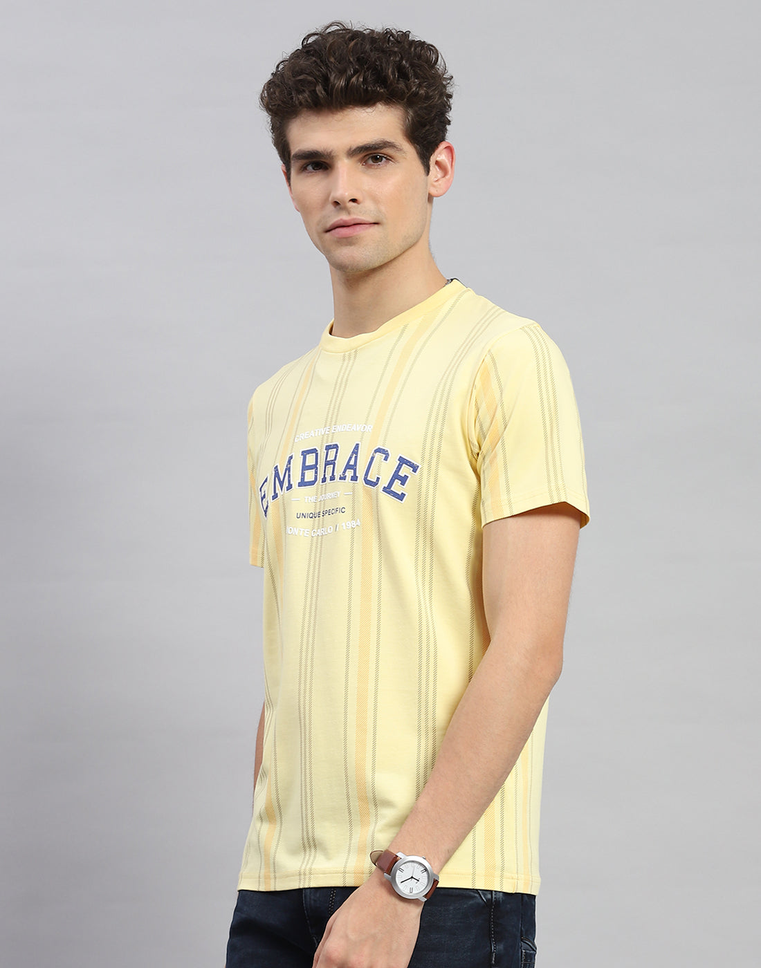 Men Yellow Printed Round Neck Half Sleeve T-Shirt