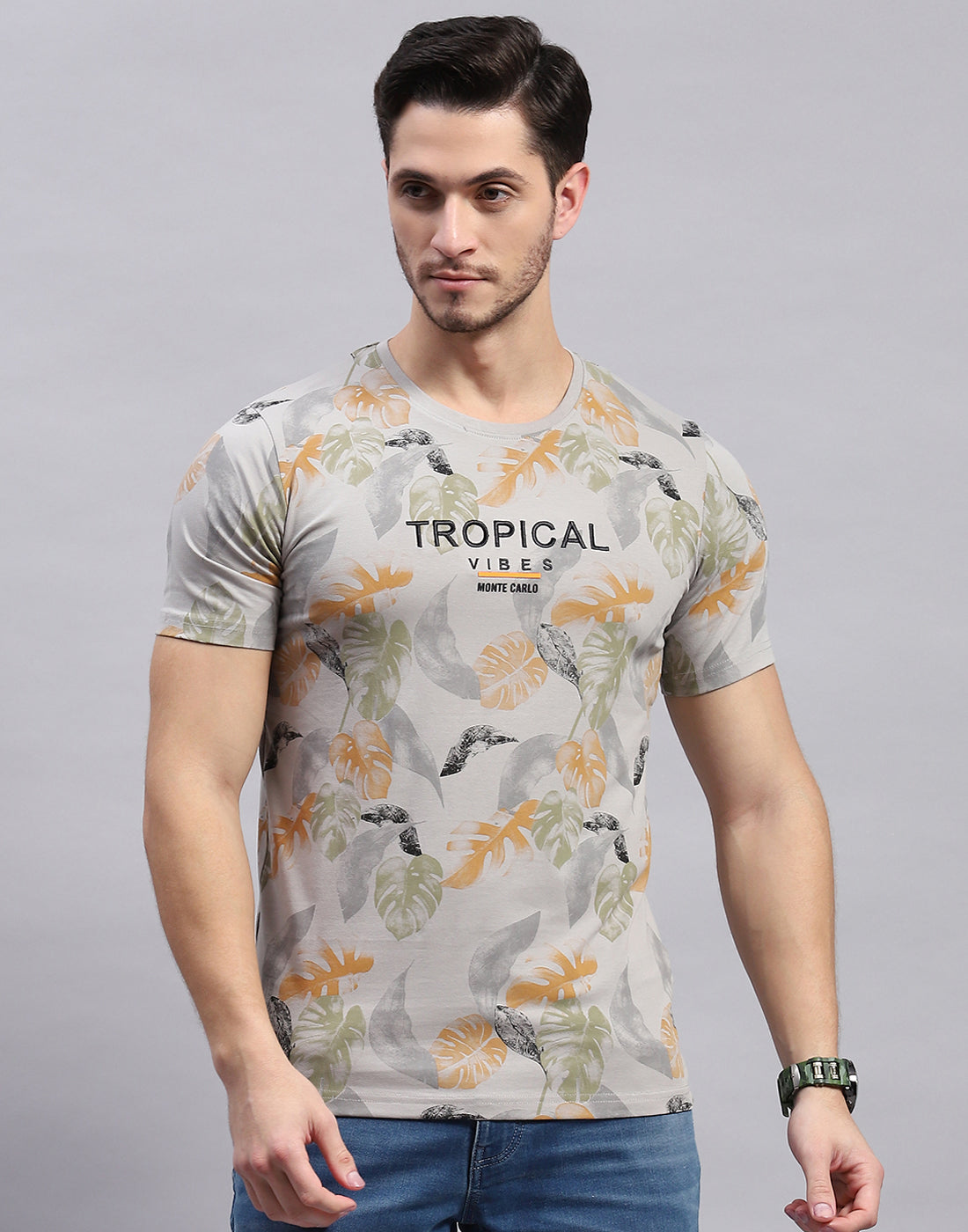 Men Grey Printed Round Neck Half Sleeve T-Shirt