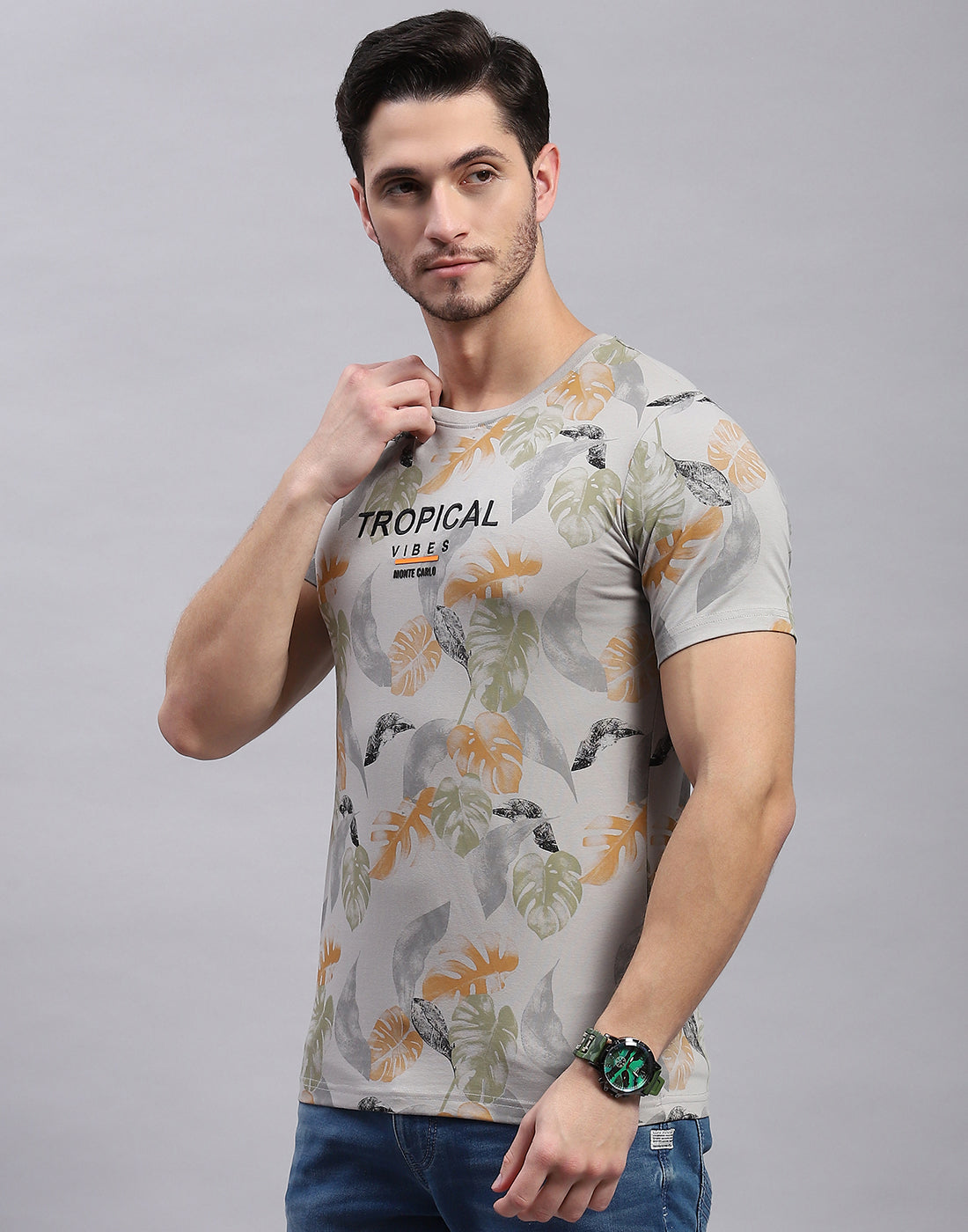 Men Grey Printed Round Neck Half Sleeve T-Shirt